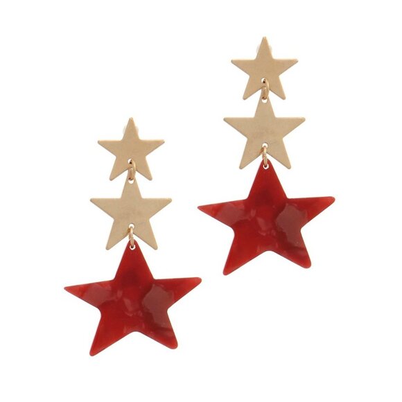 Star Shape Dangle Earrings Gold & Red Acetate - Picture 1 of 7